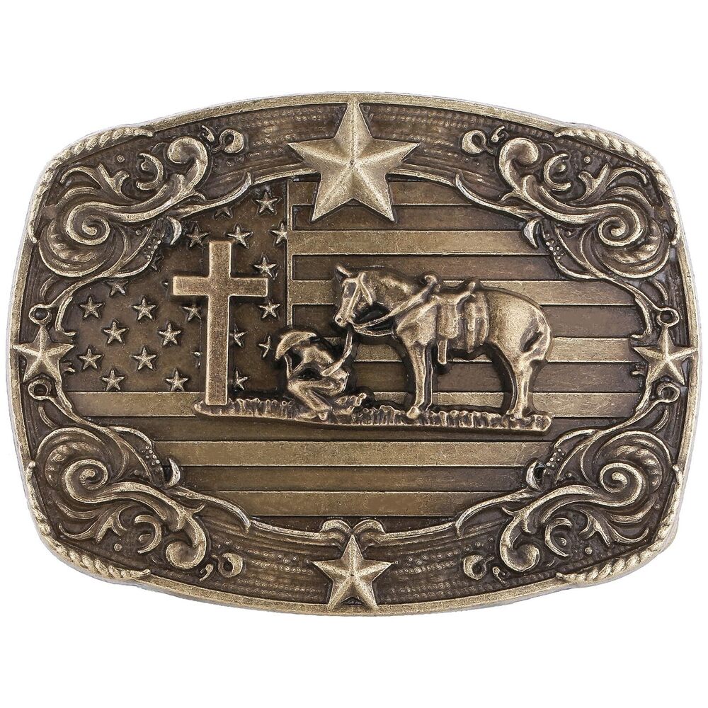 9654 Western Belt Buckle , Vintage Rodeo Texas American Flag Horse Cross